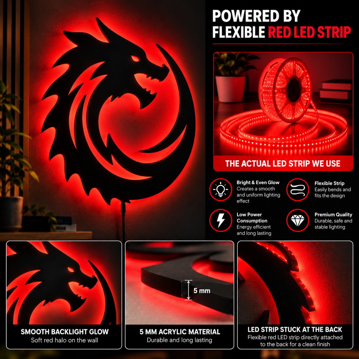 Premium Dragon LED Wall Lamp with glowing red dragon silhouette wall decor