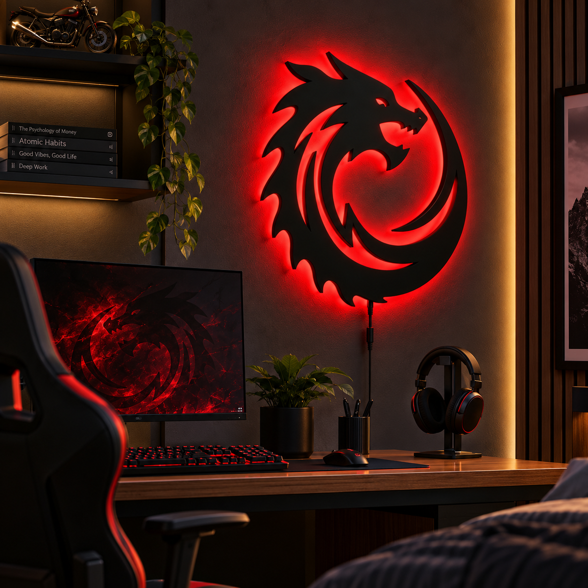 Premium Dragon LED Wall Lamp with glowing red dragon silhouette wall decor