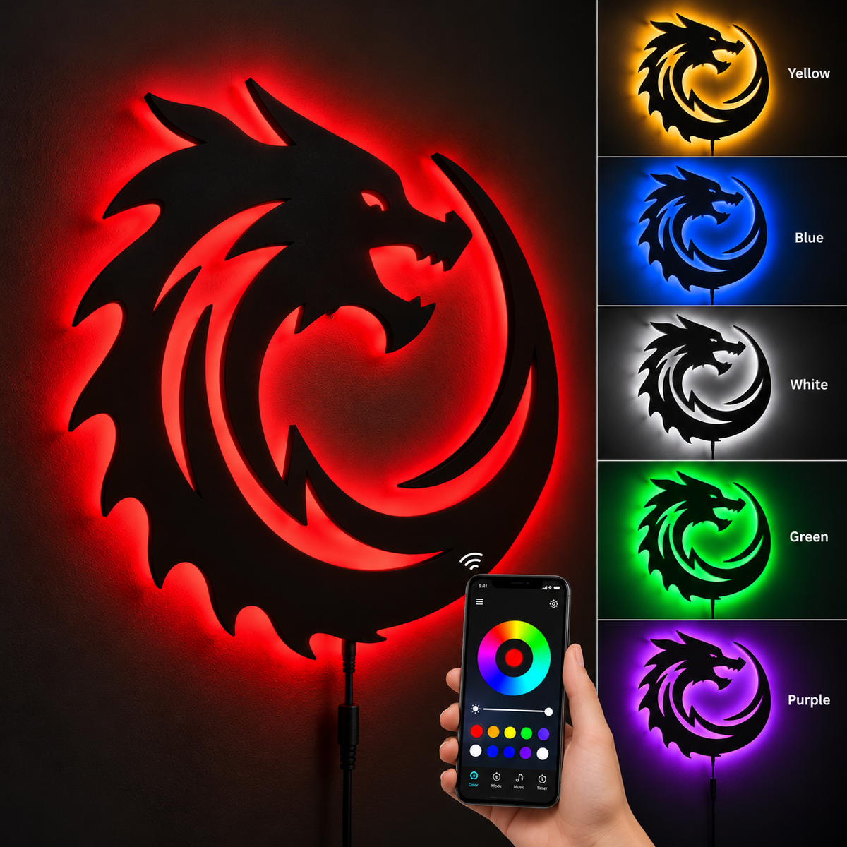 Premium Dragon LED Wall Lamp with glowing red dragon silhouette wall decor