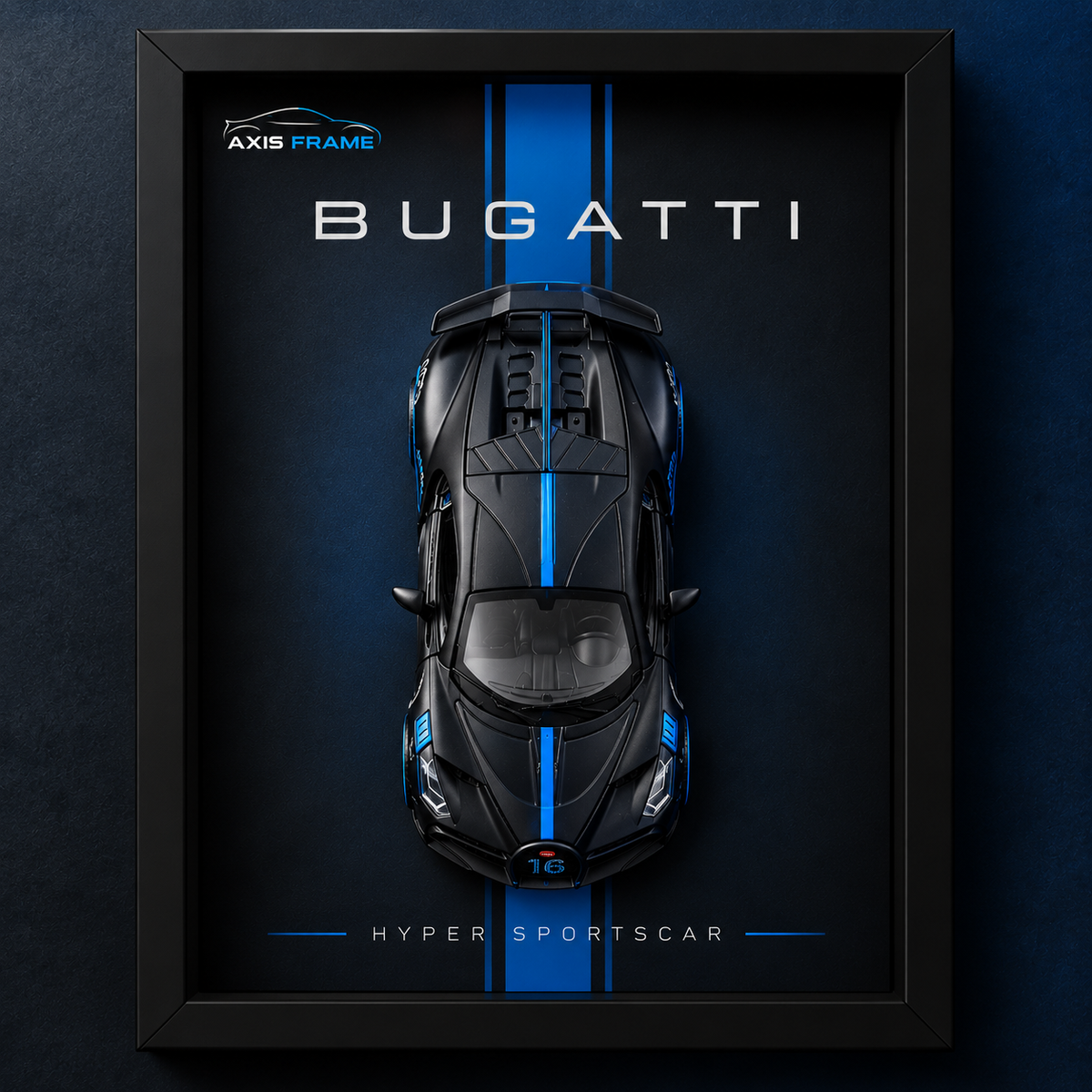 Premium Black Bugatti 3D Car Frame with Blue Racing Stripes and Luxury Hypercar Shadow Box Wall Art