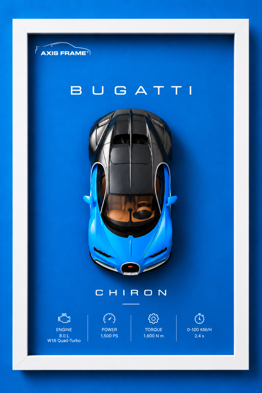 Bugatti Chiron blue 3D car frame with a white border and luxury supercar specifications, premium automotive wall decor.